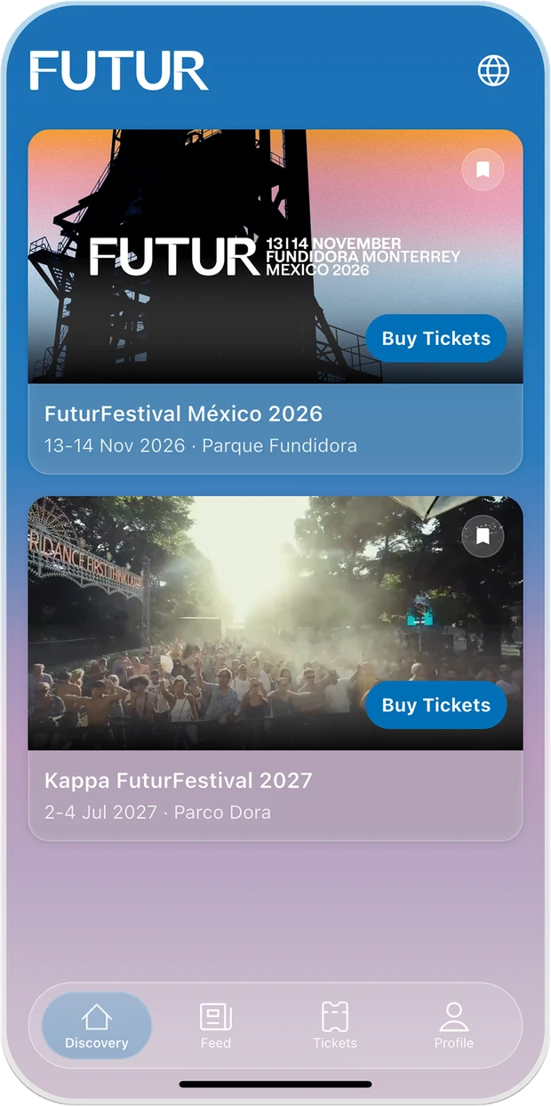 FuturFestival app discovery screen showing festival event cards